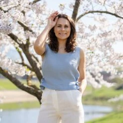 Linen Blouse With Side Ribbons Audrey -Menique Audrey Top Cloudy Blue 5