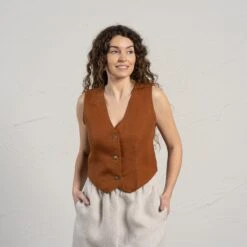 Women's Linen Waistcoat Ava 23 Women's Linen Waistcoat Ava -Menique Ava Almond Brown Demi Regular Natural 2 1