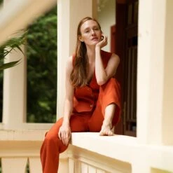 Linen Vest & Wide Leg Pants 2-Piece -Menique Ava Lotus Cinnamon Red Menique 3