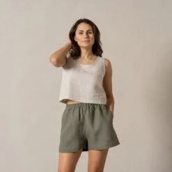 Linen Pull-On Shorts -Menique Demi Short Shorts Stone green 1