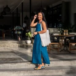 Maxi Linen Summer Dress Fiona -Menique Dress Fiona Cobalt Blue Tote Bag Natural