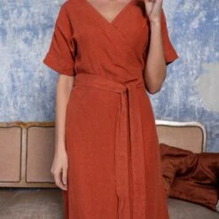 Linen Wrap Dress Eliana Cinnamon Red -Menique Eliana Dress Cinnamon Red 6