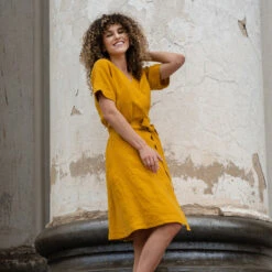 Linen Wrap Dress Eliana Spicy Yellow -Menique Eliana Spicy Yellow 17