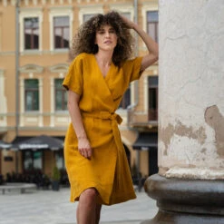 Linen Wrap Dress Eliana Spicy Yellow -Menique Eliana Spicy Yellow 18 1