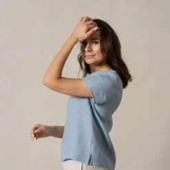 Linen T-Shirt Top Emma Cloudy Blue -Menique Emma Cloudy Blue 3