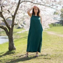 Linen Maxi Pinafore Dress Fiona -Menique Fiona Dress Dark Green 1