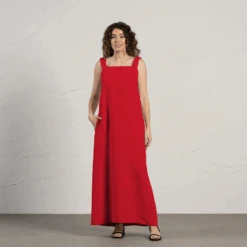 Linen Maxi Pinafore Dress Fiona -Menique Fiona Pure Red