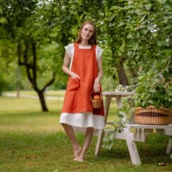 Linen Cooking Apron -Menique Japanese Apron Cinnamon Red Menique 4 2