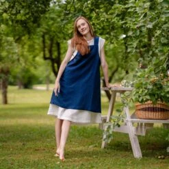 Linen Cooking Apron -Menique Japanese Apron Storm Blue Menique 1 2