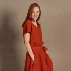 Front Button Dress Brigit Cinnamon Red -Menique MENIQUE Linen Dress Brigit 9