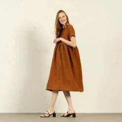 Smock Dress Maria Almond Brown -Menique MENIQUE Linen DressMARIA 2