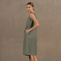 Button Down Dress Faith -Menique MENIQUE Linen Dress FAITH Stone Green 2