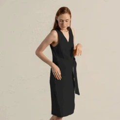 Dress With Side Ribbon Natalie 19 Dress With Side Ribbon Natalie -Menique MENIQUE Linen Dress Natalie Pure Black 2