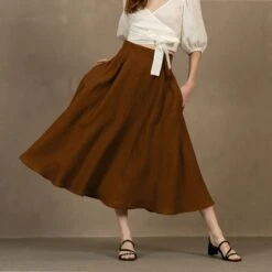 Linen Circle Skirt Evelyn 22 Linen Circle Skirt Evelyn -Menique MENIQUE Linen Skirt EVELYN Almond Brown 2