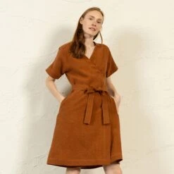 Linen Wrap Dress Eliana Almond Brown -Menique MENIQUE Linen Wrap DressELIANA 4