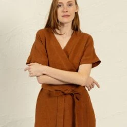 Linen Wrap Dress Eliana Almond Brown -Menique MENIQUE Linen Wrap DressELIANA 6