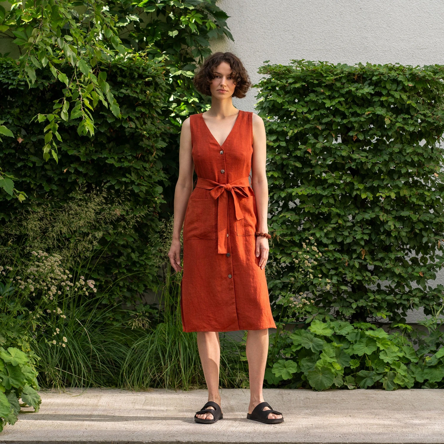 Linen V-Neck Dress With Belt Sierra 5 Linen V-Neck Dress With Belt Sierra - Image 5