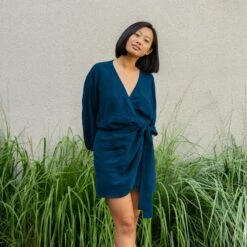 Tulip Wrap Dress Daisy -Menique MENIQUE Linen Cocktail Dress Daisy Cobalt Blue 1