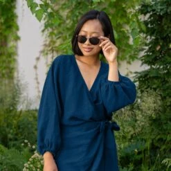 Tulip Wrap Dress Daisy -Menique MENIQUE Linen Cocktail Dress Daisy Cobalt Blue