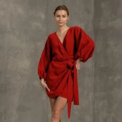 Tulip Wrap Dress Daisy -Menique MENIQUE Linen Cocktail Dress Daisy Red