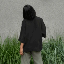 Short Sleeve Cardigan Sakura 17 Short Sleeve Cardigan Sakura -Menique MENIQUE Linen Jacket Sakura Pure black back