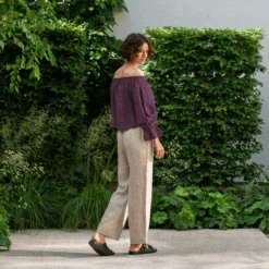 Off Shoulder Blouse With Ruffles Jessica -Menique MENIQUE Linen Top Jessica Shadow Purple Linen Trousers Lotus