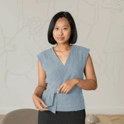 Wrap Crop Top Ruby -Menique MENIQUE Linen Top Rubby Pants Havana CLOUDY BLUE 2 1