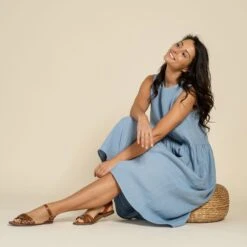 Linen Smock Dress Maya Cloudy Blue 8 Linen Smock Dress Maya Cloudy Blue -Menique Maya Dress Cloudy Blue 7