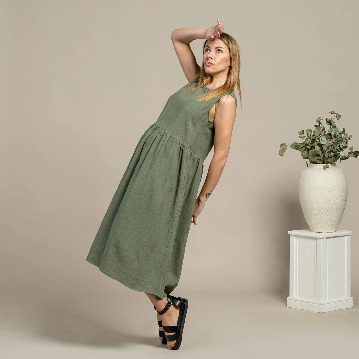 Linen Smock Dress Maya Stone Green 1 Linen Smock Dress Maya Stone Green