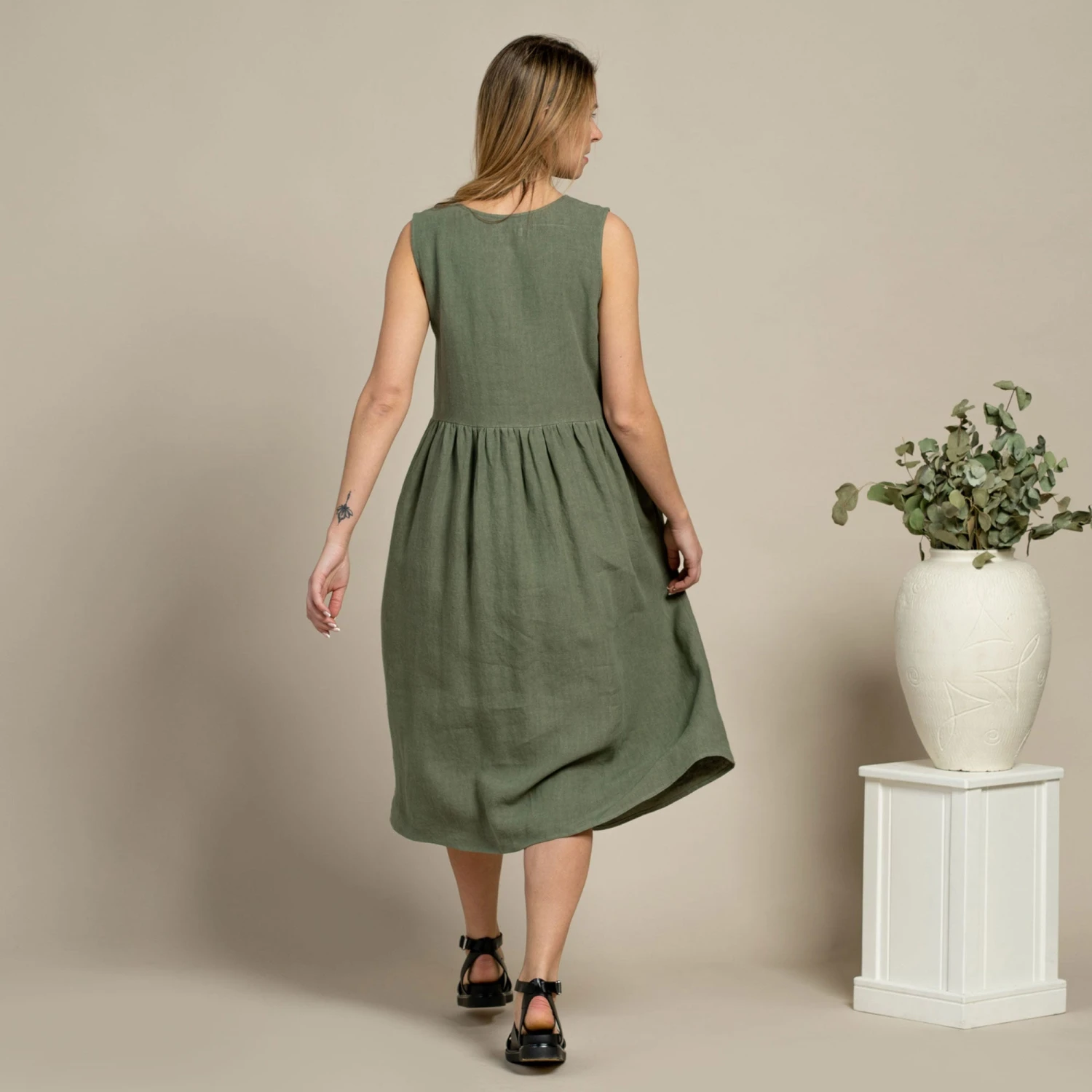 Linen Smock Dress Maya Stone Green 2 Linen Smock Dress Maya Stone Green - Image 2