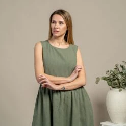 Linen Smock Dress Maya Stone Green 9 Linen Smock Dress Maya Stone Green -Menique Maya Dress StoneGreen 5