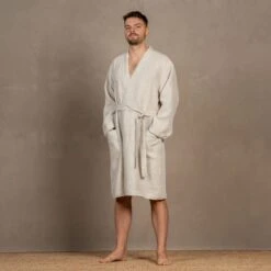 Men's 100% Linen Bath Robe -Menique Men s Bathrobe Natural 2