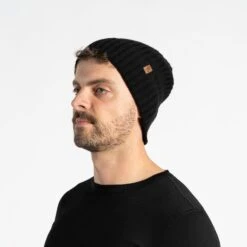 Men's Cashmere Beanie Hat -Menique Men sRibbedBeanieMerino CashmereBlack 2