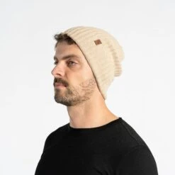 Men's Cashmere Beanie Hat -Menique Men sRibbedBeanieMerino CashmereCreamyBeige 2