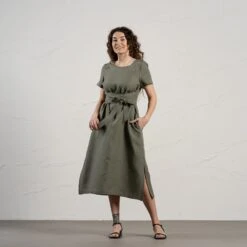 Short Sleeve Obi Wrap Dress Milly -Menique Milly Stone Green 1 1