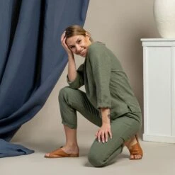 Linen Long Sleeve Blouse & Pants 2-Piece Stone Green
