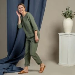 Linen Long Sleeve Blouse & Pants 2-Piece Stone Green -Menique Nora Dakota Two Piece Set 3