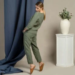 Linen Long Sleeve Blouse & Pants 2-Piece Stone Green -Menique Nora Dakota Two Piece Set 4