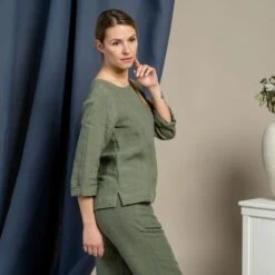Linen Long Sleeve Blouse & Pants 2-Piece Stone Green -Menique Nora Dakota Two Piece Set 5