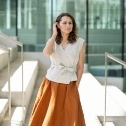 Sleeveless Linen Kimono Wrap Top Ruby -Menique Ruby Top Natural Evelyn Skirt Almond Brown 1