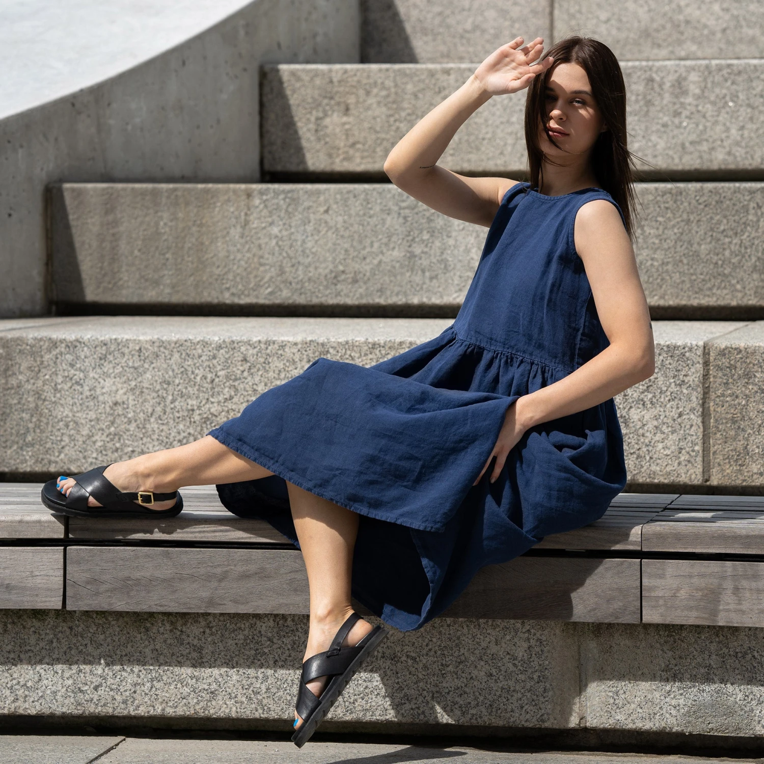 Linen Smock Dress Maya Storm Blue 1 Linen Smock Dress Maya Storm Blue
