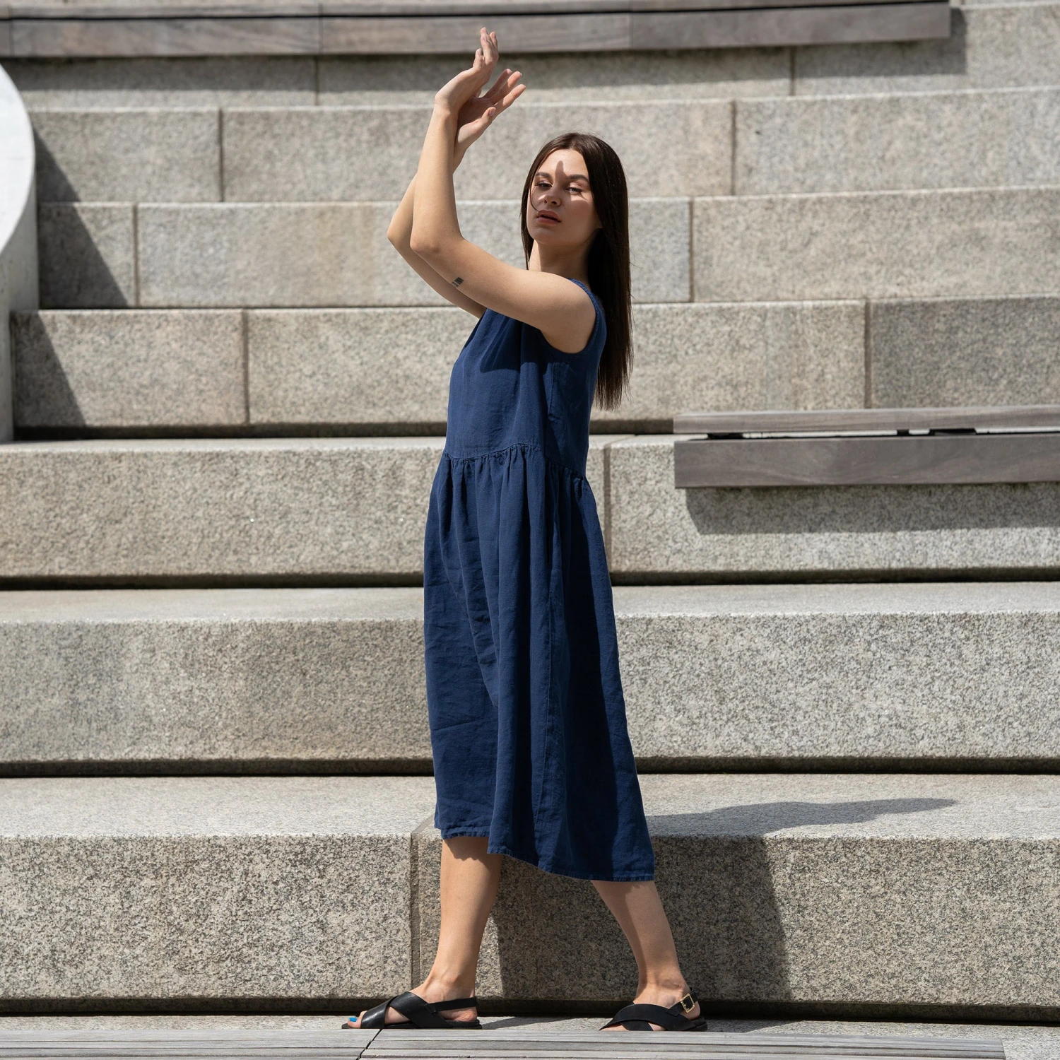 Linen Smock Dress Maya Storm Blue 2 Linen Smock Dress Maya Storm Blue - Image 2