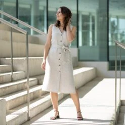 Linen V-Neck Dress With Belt Sierra 10 Linen V-Neck Dress With Belt Sierra -Menique Sierra Dress Natural 2