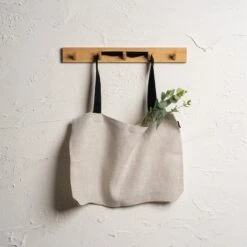 Linen Large Shopping Bag -Menique Tote Bag Black Handles Natural 1