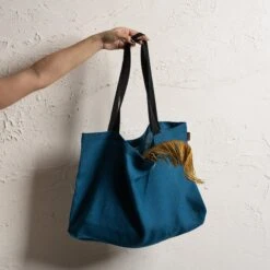 Linen Large Shopping Bag -Menique Tote Bag Black Handles Cobalt Blue 3