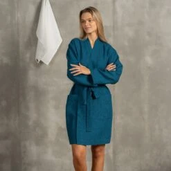 Women's Linen Short Robe -Menique Women Linen Bath Robe Cobalt Blue 1