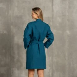 Women's Linen Short Robe -Menique Women Linen Bath Robe Cobalt Blue 4